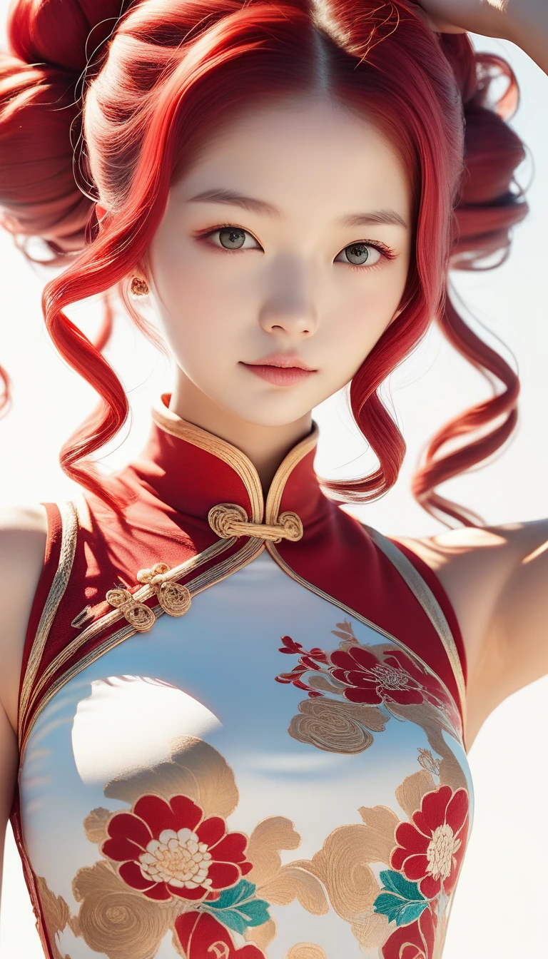  girl, Chinese Costume, whole body, sunlight,  Beautiful skin,  white background , masterpiece,  super detailed, , ,  high image quality,  very detailed with crimson hair,  Official Art , 8k wallpaper,  super detailed, 32K
