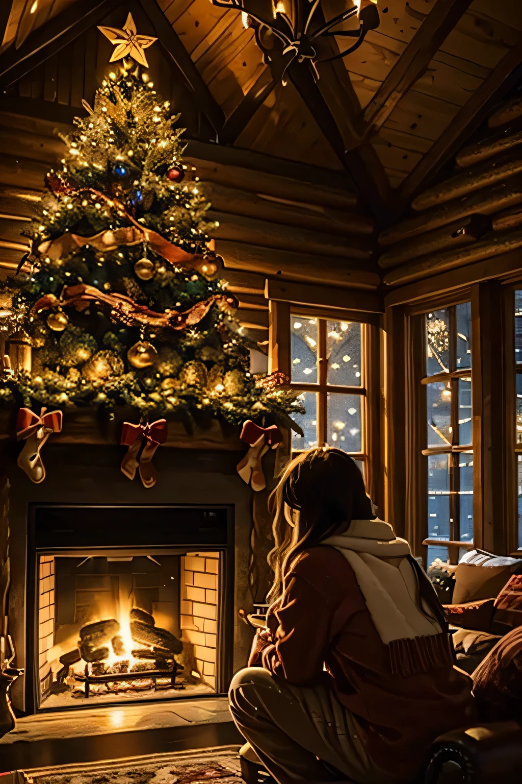 Inside a log house with a fireplace 、 a huge Christmas tree in the living room、   Christmas Night、 (( サンタクロースはプレゼントを運んで歩いている))、Santa Claus is depicted in detail .Focus on Santa Claus 、 Santa Claus is an elderly Scandinavian man with a big white beard、See images of Santa Claus in Japan 