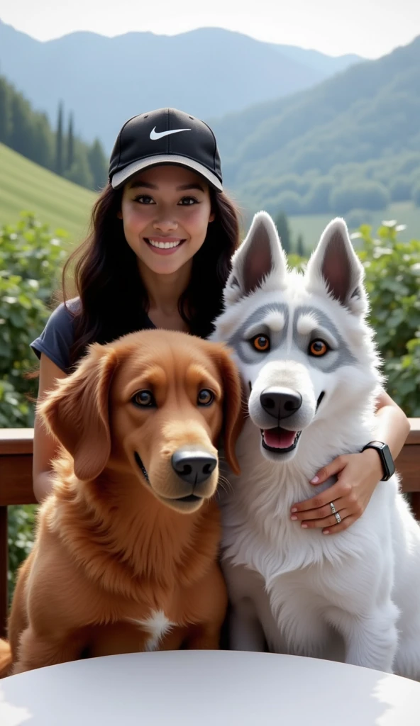 ((Nike)) black cap 、 A beautiful Japanese woman in her 30s with long, thin, long black hair with a square Apple Watch Ultra on her left arm 。 has gray hair mixed on its face beside it (( an elderly golden retriever ))and(( a large, pure white shepherd with white fur))Wear a spoiled 。 The background is a beautiful rural landscape in northern Italy 、The location is a restaurant terrace seat