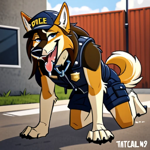 Long haired wolfdog, tactical k-9 armoured vest, black leather collar, chain collar, badge, police baseball cap, drooling saliva, anthro, furry, all fours, very body fur, three tone fur, Looking at viewer, Smile, Open Mouth, Very Long Hair, 