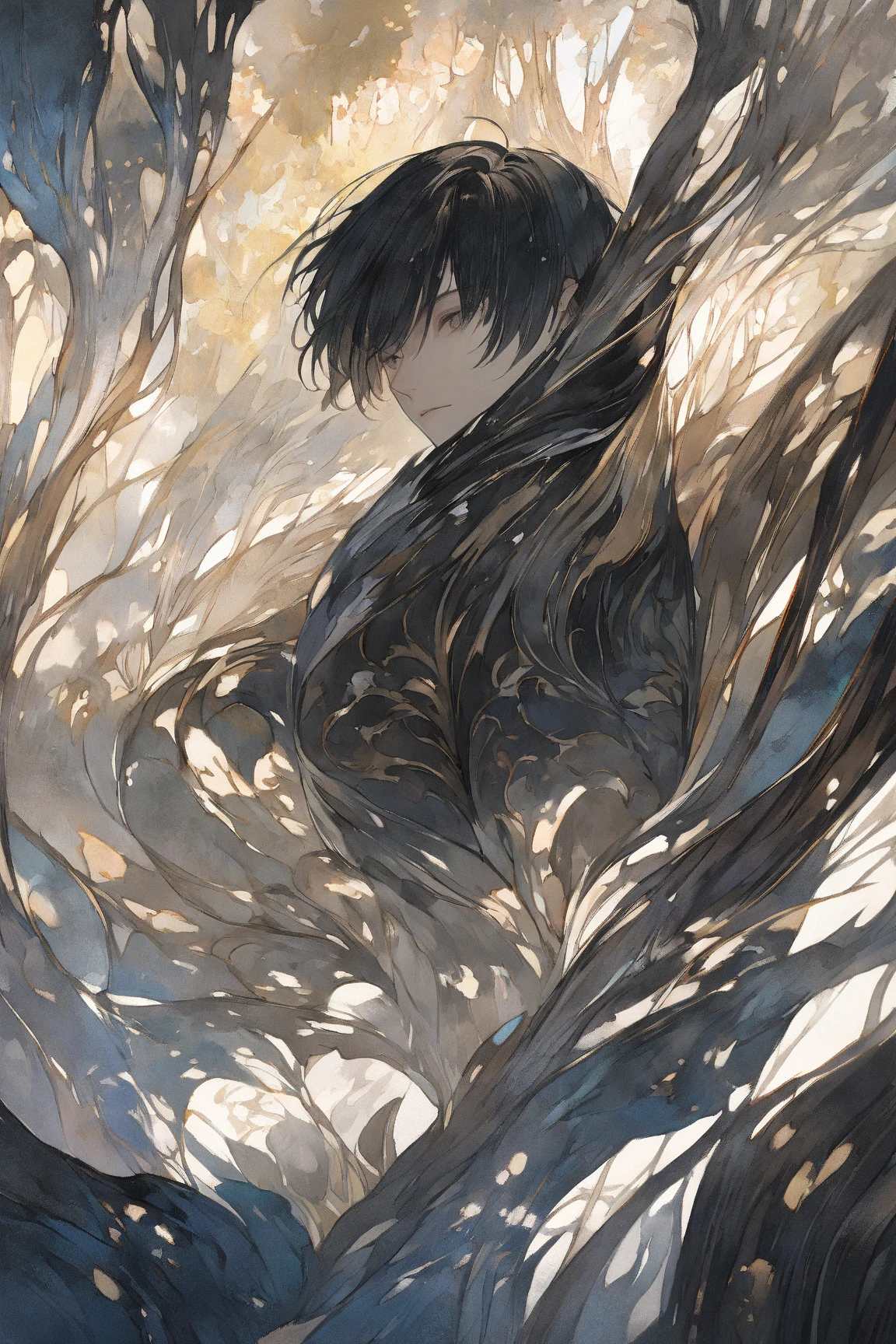 A young man with medium-length black hair and a neutral, emotionless expression, wearing dark steel fantasy-inspired armor rather than leather, standing in a lush, sunlit forest with soft rays of light filtering gently through dense foliage, Japanese animation tone, acrylic watercolor painting style, hyper-detailed facial features, intricate linework, vibrant pastel color palette, subtle shading, delicate brushstrokes, exquisite textures, hand-painted feel, ultra-sharp focus, 8k UHD, extremely realistic lighting, cinematic framing, atmospheric depth, polished and refined composition, professional illustration quality, masterpiece-level detailing, no unwanted artifacts, perfect anatomy and proportions, slightly dynamic pose, visually striking contrast, aesthetically pleasing balance, impeccable rendering of materials, natural skin tones, subdued background elements that enhance subject focus, premium-grade illustration, vibrant yet harmonious hues, hint of gentle breeze indicated by slight movement in his hair, calm and stoic demeanor