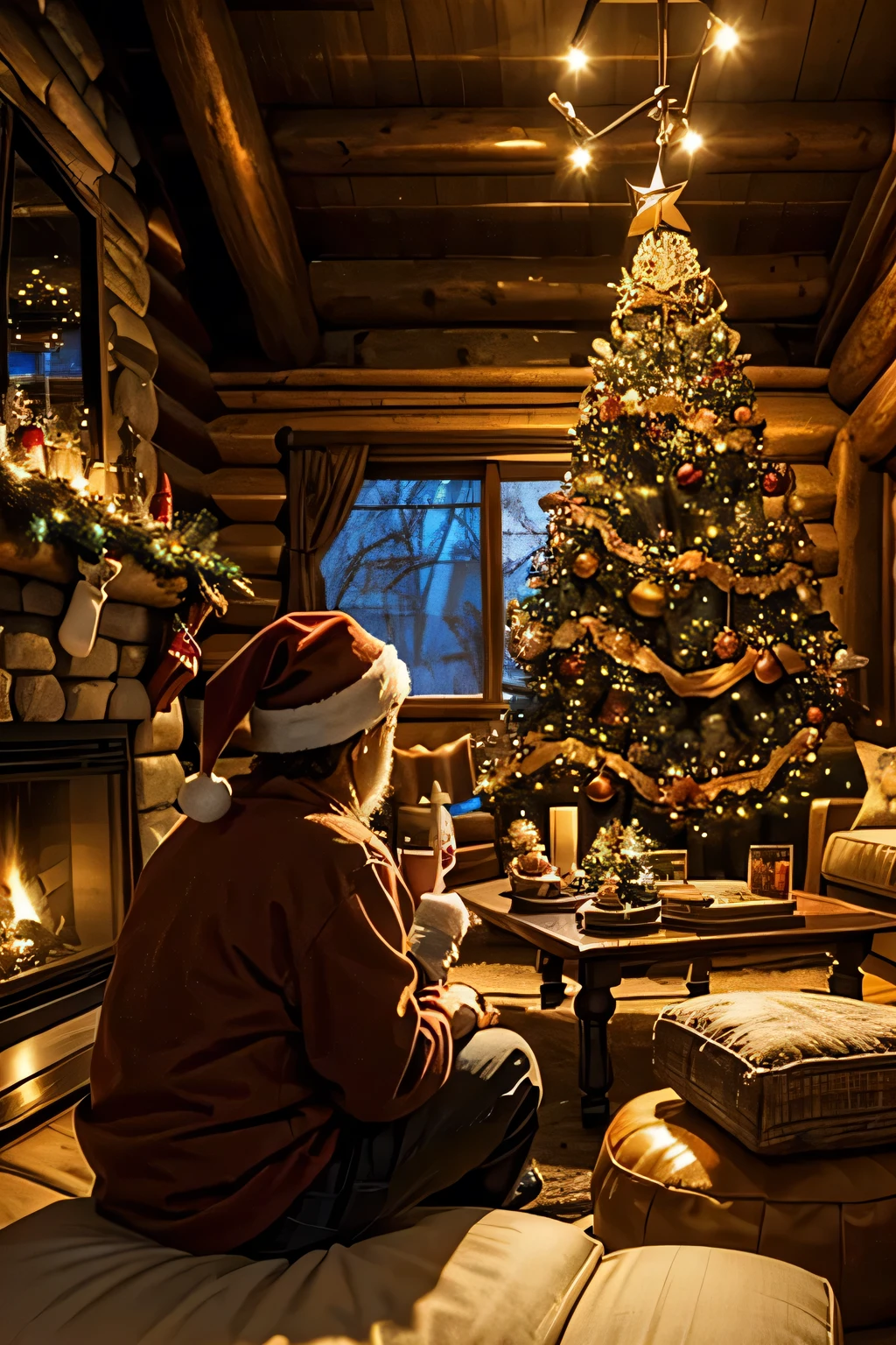 Inside a log house with a fireplace 、 a huge Christmas tree in the living room、   Christmas Night、 (( サンタクロースはプレゼントを運んで歩いている))、Santa Claus is depicted in detail .Focus on Santa Claus 、 Santa Claus is an elderly Scandinavian man with a big white beard、See images of Santa Claus in Japan 