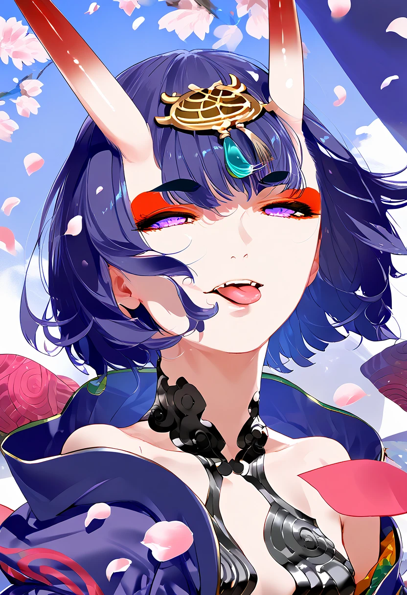 score_9, score_8_up, score_7_up 1girl, Alone, Shuten Doji,chest,  on AM_in_viewer,  short_hair, open_moutsideh, 前hair, Naked_ shoulders,   Purple _eye, clavicle, upper_body,  Purple _hair,  small_chest,  Japanese _Close, open_Close, horn, teeth, tongue, tongue_outside, kimono, off_ shoulder,  petals, makeup, tooth, Bob_cut, clearly_Close, They_horn, They,  headpiece,  short_Eyebrow,  eyeliner , open_kimono,  Purple _kimono,  Skin cover _horn