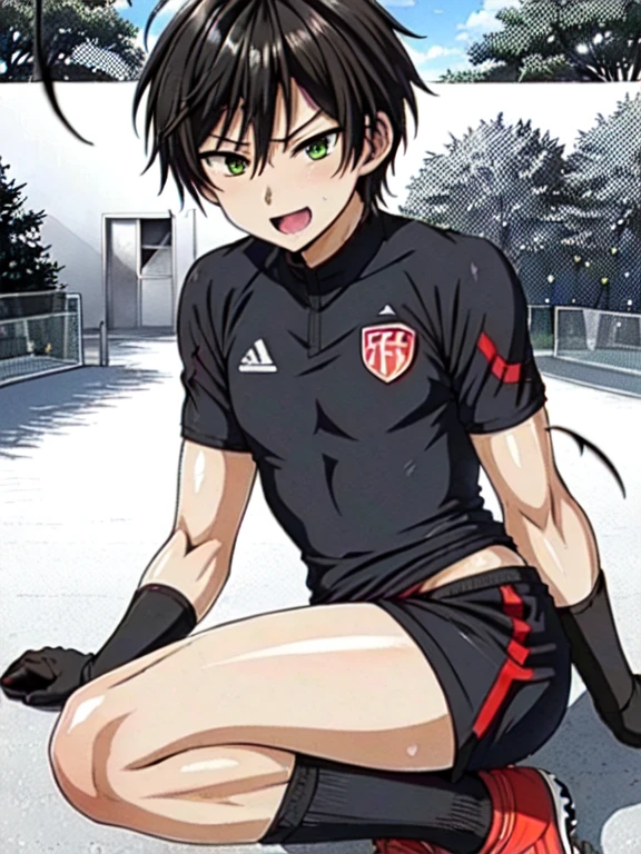 (((Official Art,Ultra-thin illustration,High resolution, Mastepiece, Best Quality,Best Quality,)))high quality, detailed, (Little Boy),12 year old, A young, ace striker male idol with a super cute face,A boy as beautiful as Planding, Smiling cool handsome face, soccer spike, Beautiful long legs, Thighs, Foots, No bulge, (Black Hair、Short Hair)、Shiny Hair, (Tight shiny random color soccer uniform suit), (Tight and shiny soccer shorts), (Soccer socks), Grassland, Cool pose, (厚いThighs、Seducing a big  into your crotch)、(((Soccer field in the park:1.2)))、((Saucy))、Grinning、Spread legs,Ultra-fine painting, (Best Quality, 4K, 8K, High resolution, Mastepiece:1.2),Service shot、((detailedな目:1.2))、Showing off her big ass、Proud 、