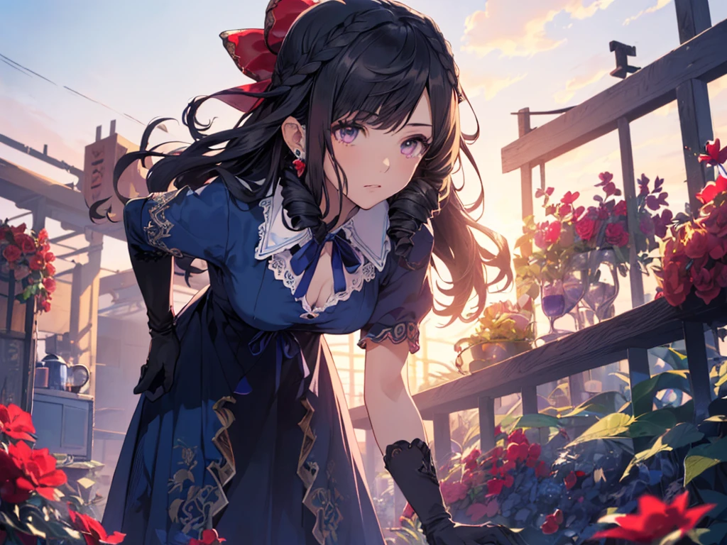 (solo girl, alone girl:2), (leaning forward to emphasize lower body:2), (looking suggestively to the side:2), (long black hair:2), (hair tied with a large blue ribbon:2), (tie), (mainly blue high necked pajama dress, black opera gloves:2), (lots of hair accessories:2), (earrings:2), (surrounded by lots of red flowers:2), (sunset sky, sunset, night sky, night breeze), (bust from the side), (((4K, high resolution, masterpiece, accurate, anatomically correct, multiple awards, top quality, detailed, high quality, extremely detailed, ultra high resolution))).