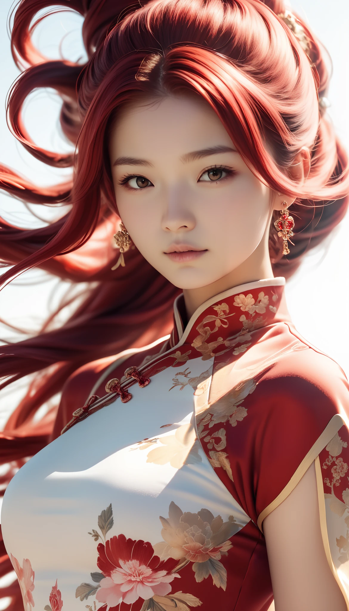  girl, Chinese Costume, whole body, sunlight,  Beautiful skin,  white background , masterpiece,  super detailed, , ,  high image quality,  very detailed with crimson hair,  Official Art , 8k wallpaper,  super detailed, 32K
