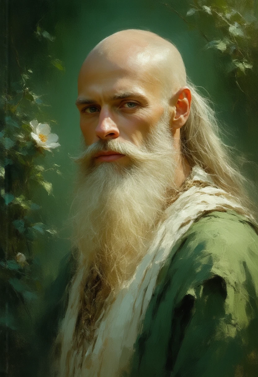 beautiful bald man with long white beard, standing in garden, preparing garden for winter, detailed face and eyes, photorealistic, 8k, highly detailed, masterpiece, digital painting, dramatic lighting, warm color tones, cinematic composition