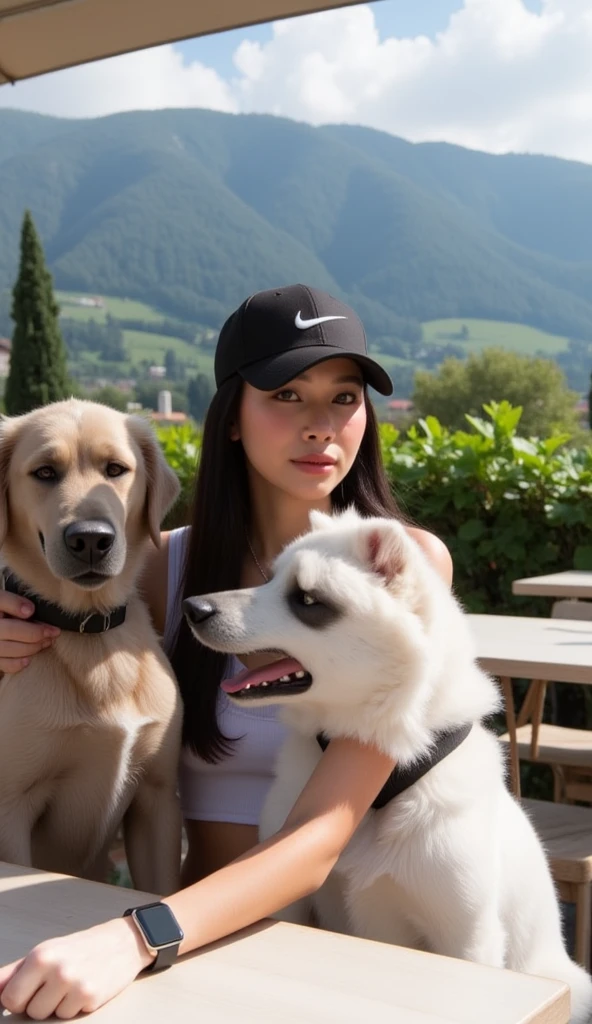 (A beautiful Japanese woman in her 30s with long, slender, thin black hair wearing a Nike )) black cap and a square Apple watch ultra on her left arm. Beside it are spoiled (( elderly golden retriever )) with gray hair mixed in the face and (( large, pure white Swiss shepherd )). The background is a beautiful rural landscape in northern Italy, and the location is restaurant terrace seating