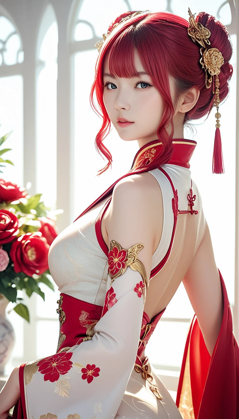  girl, Chinese Costume, whole body, sunlight,  Beautiful skin,  white background , masterpiece,  super detailed, , ,  high image quality,  very detailed with crimson hair,  Official Art , 8k wallpaper,  super detailed, 32K
