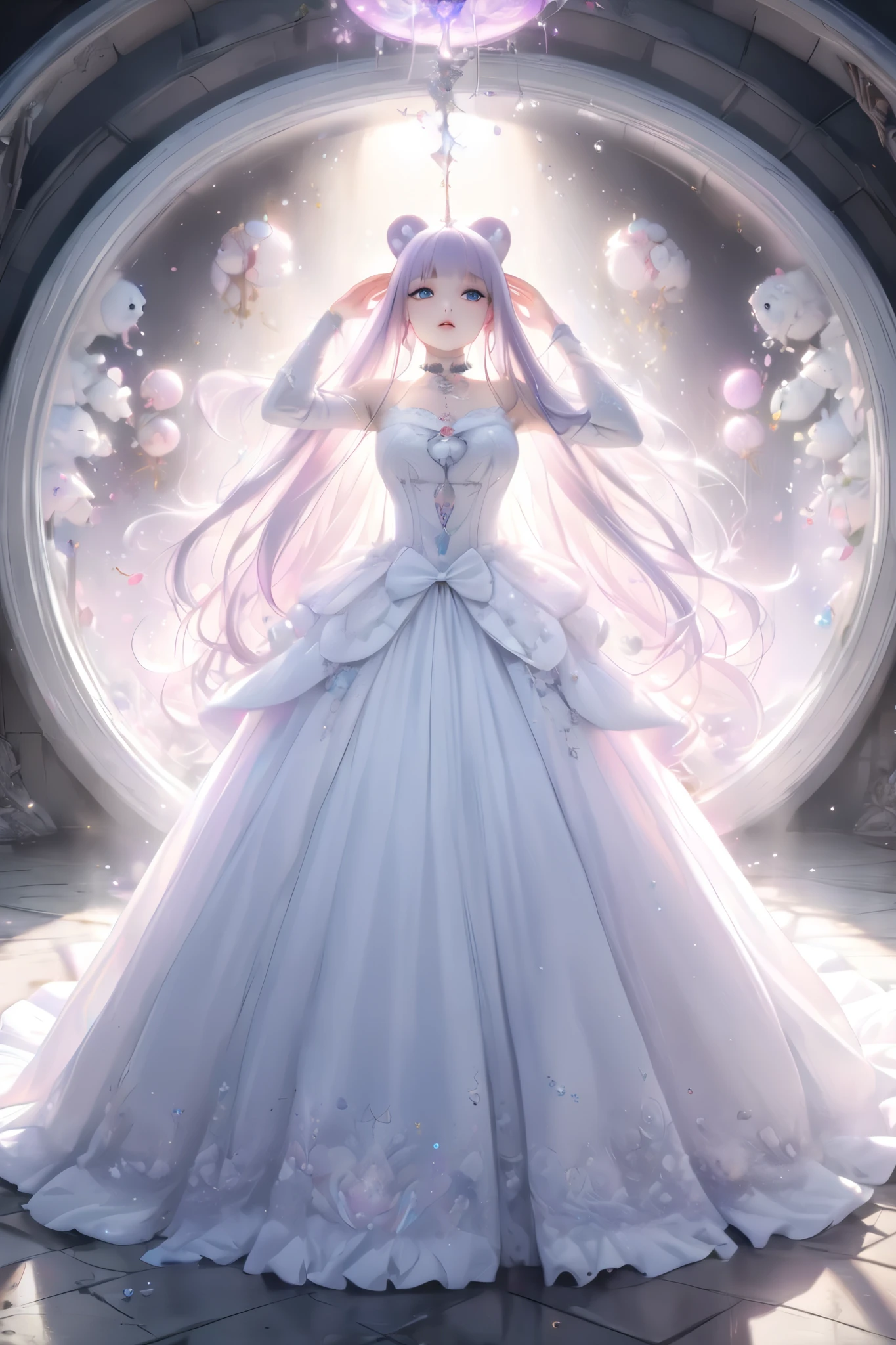  Cute Magical Girl , ( Double Bang , blunt bangs,  Silver Straight Long Hair ), A lustful and lascivious face, compensate,  blue eyes, Large percentage, white gothic bear top dress ,  choker ,  with hands above head , Background dim basement, ( super detailed,  exquisite resolution,  top quality:1.3), 2.5D,   delicate and dynamic ,  artistic photo ,  surrenders,  graphic CG digital cartoon style art