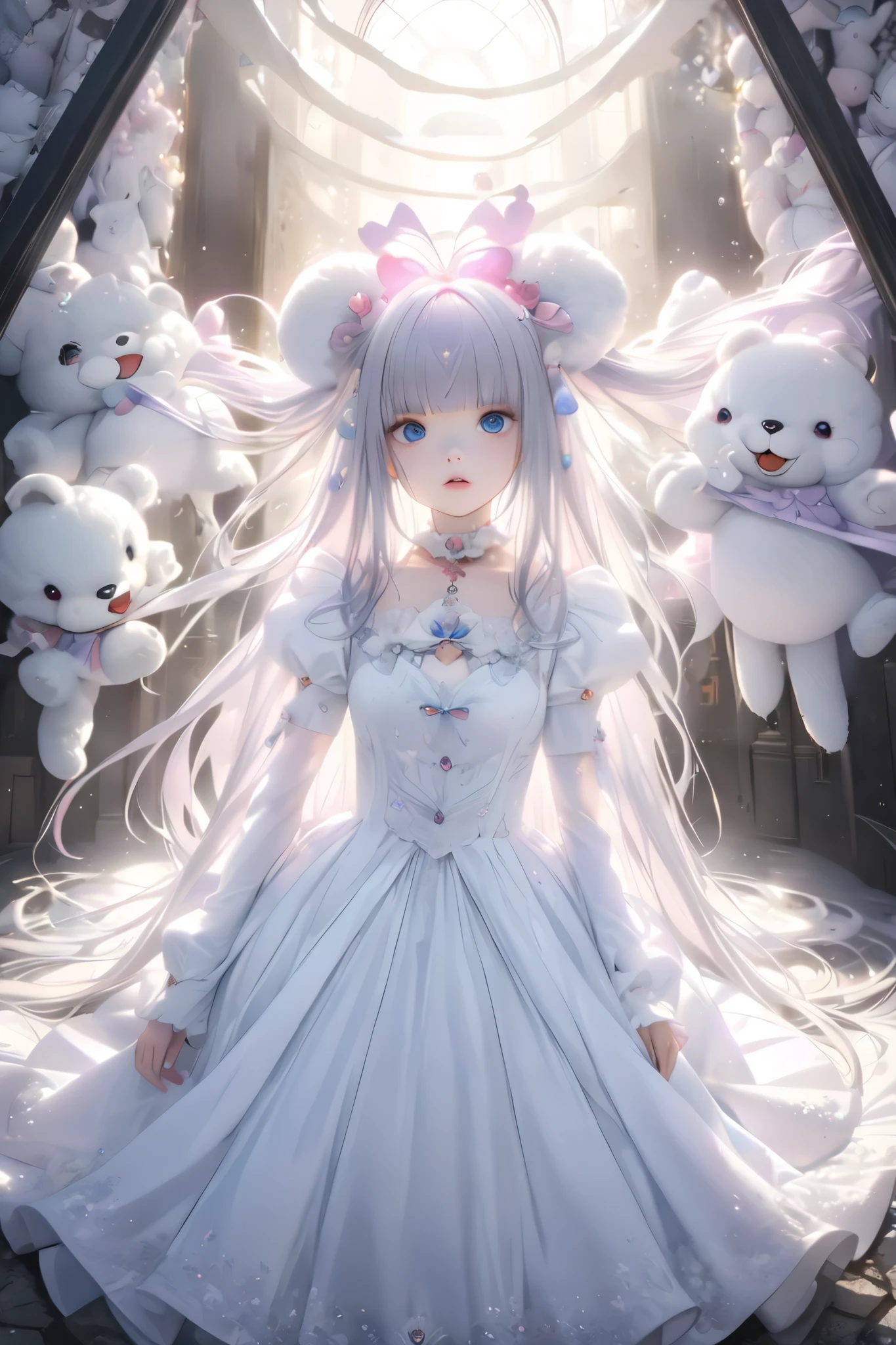  Cute Magical Girl , ( Double Bang , blunt bangs,  Silver Straight Long Hair ), A lustful and lascivious face, compensate,  blue eyes, Large percentage, white gothic bear top dress ,  choker ,  with hands above head , Background dim basement, ( super detailed,  exquisite resolution,  top quality:1.3), 2.5D,   delicate and dynamic ,  artistic photo ,  surrenders,  graphic CG digital cartoon style art