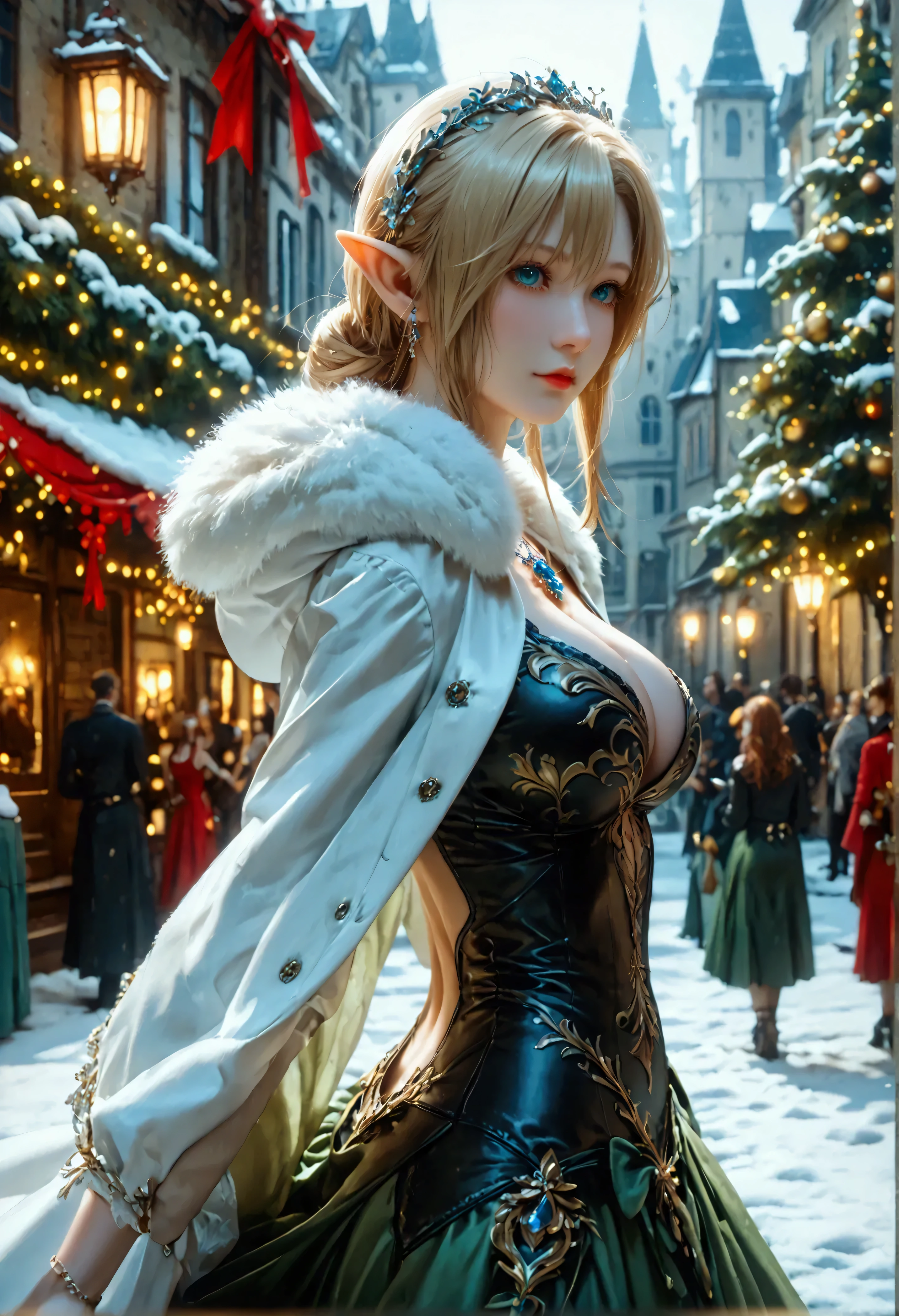 (8k, top quality, Masterpiece , Final Fantasy Style: 1.2),Atmospheric perspective, 8K, Very detailed, Accurate, Highest quality, masterpiece, Very detailed,Sharp focus, High resolution, full body shot of a female elf, Complex, Narrow Face, elegant, Wearing a sapphire necklace, A Christmas street corner with powder snow dancing, diamond dust, a long white coat, Crimson long dress made of velvet fabric, green long skirt made of velvet fabric, long black leather boots,, ((large breasts:1.2), , (Uplifted and well-defined bust:1.2), (lifted chest:1.2), (perky breasts :1.2),(deep cleavage:1.4)) and a huge waist, (sexy long legs, whole body picture:1.5), (back view:1.4), Very detailed, Digital Painting, Art Station, Concept Art, Smooth, Sharp focus, figure, ArtJam, Greg Rutkowski, Art by Alphonse Mucha, 8K, Volumetric Fog, bloom, light, lumen, Crank blur