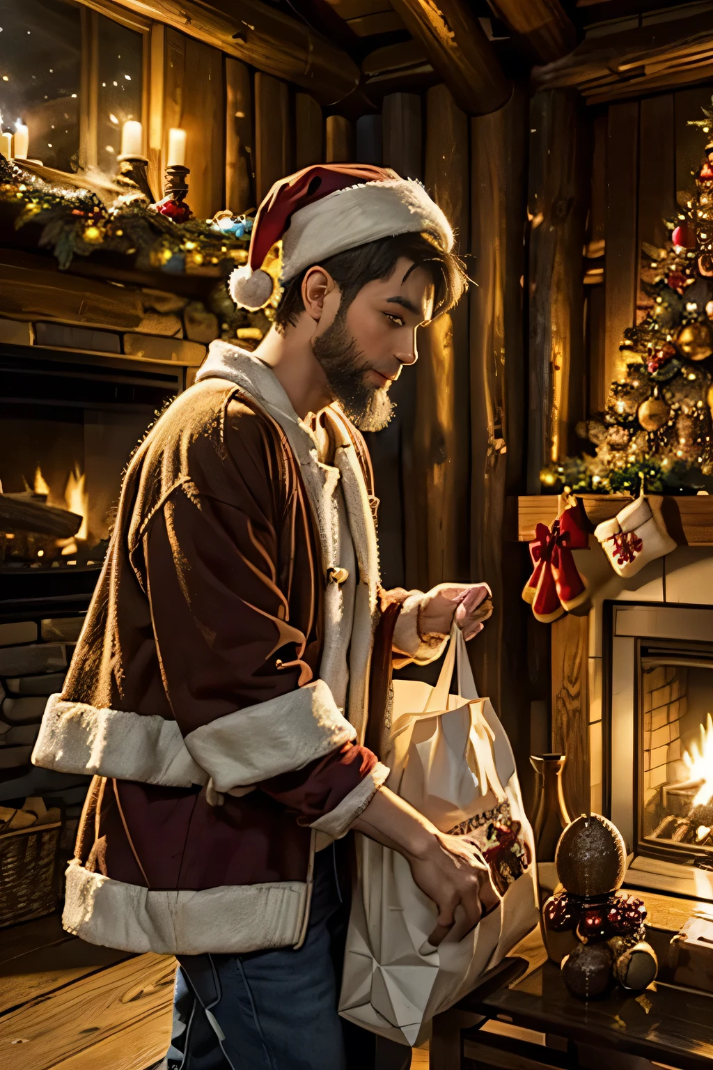 Inside a log house with a fireplace 、 a huge Christmas tree in the living room、   Christmas Night、 (( サンタクロースはプレゼントを運んで歩いている))、Santa Claus is depicted in detail .Focus on Santa Claus 、 Santa Claus is an elderly Scandinavian man with a big white beard、See images of Santa Claus in Japan 