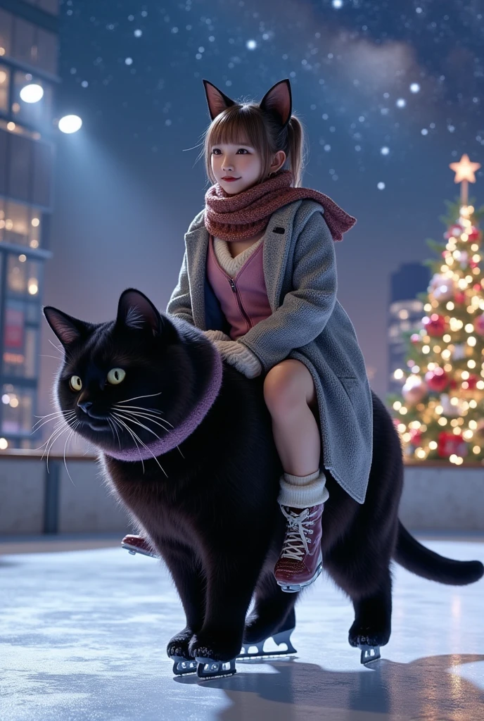 ultra-realistic, photorealistic, dramatic scene, shadow, global-illumination, solo, (teenage Japanese famous idol girl), very beautiful fragile Japanese girl, very beautiful with very cute, (very large breasts), slim waist, she is wearing\(a elegant winter jacket over a stylish pink one-piece dress, reddish brown woolen scarf, glove, short boots, dark navy tights\), (very large breasts), she is riding on the cute giant black skating cat\(ears down, as big as she, chubby, wearing skates on all four legs, gray long woolen coat over a white V-neck sweater, light purple woolen scarf\), At an outdoor skating rink on the roof of a department store, at night, professional lighting, amazing view of skyscrapers with milky way, (there are festively decorated Christmas trees), showing a graceful ice skating technique, quick turn, Brilliant turns on ice skates,