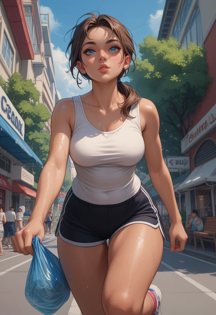 Imagine a 4K digital painting that depicts a female character illustrated in a stylized way and with realistic details. The character is crouched on a skateboard, in an urban setting. In the background, there is a clear sky with some soft clouds. She wears a white lingerie top and denim shorts, paired with a pair of white sneakers. Her brown hair is tied up in a high ponytail, and she wears a pair of large headphones.
The character has notable makeup, highlighting her facial features, and expresses a contemplative look. Her skin is illuminated by daylight, with subtle shadows that highlight the details of her face and body. To add even more depth to the scene, power lines and poles are present in the background, suggesting an urban setting.
The painting must present a detailed and careful representation, with emphasis on shading and lighting that simulate a scene in daylight. All elements must be executed with precision and professionalism, ensuring a high-quality 4K work of art.