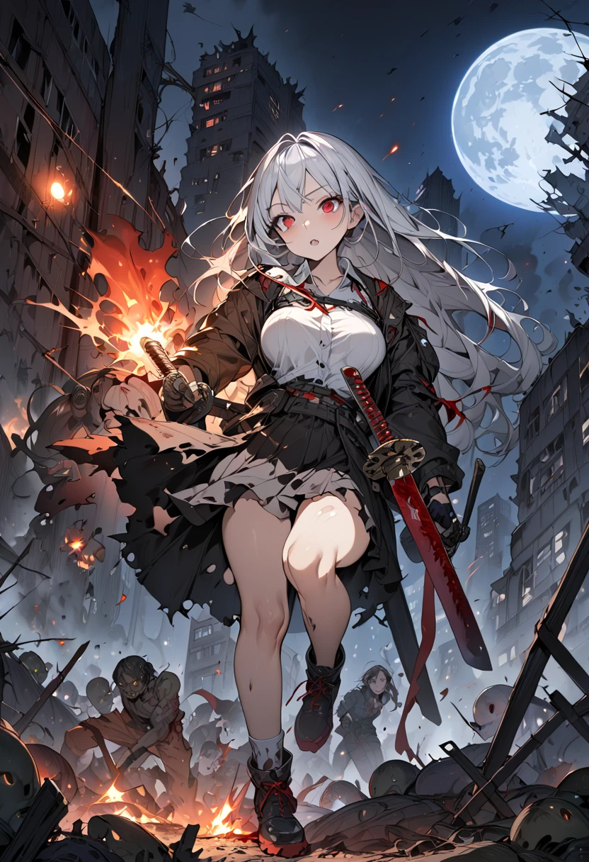  (best quality),(very aesthetic),(ultra-detailed),(best illustration),( highres icon), (beautiful),(masterpiece),(extremely detailed face), A high school girl fighting against a group of zombies in ruins,1girl,Alone,red eyes,silver hair,long hair,big breast,shout,,school uniform,minskirt,thigh-high socks, ankle boots, torn clothes, Holding a weapon in hand, gripping katana, wearing katana sword,mid night, big red moon floating in the night sky, Anatomically Correct , zombies attacking the girl,Multiple Zombies,Abandoned City, Burning City ,sparks are scattered ,A battle taking place in a ruined city, with skyscrapers collapsing,