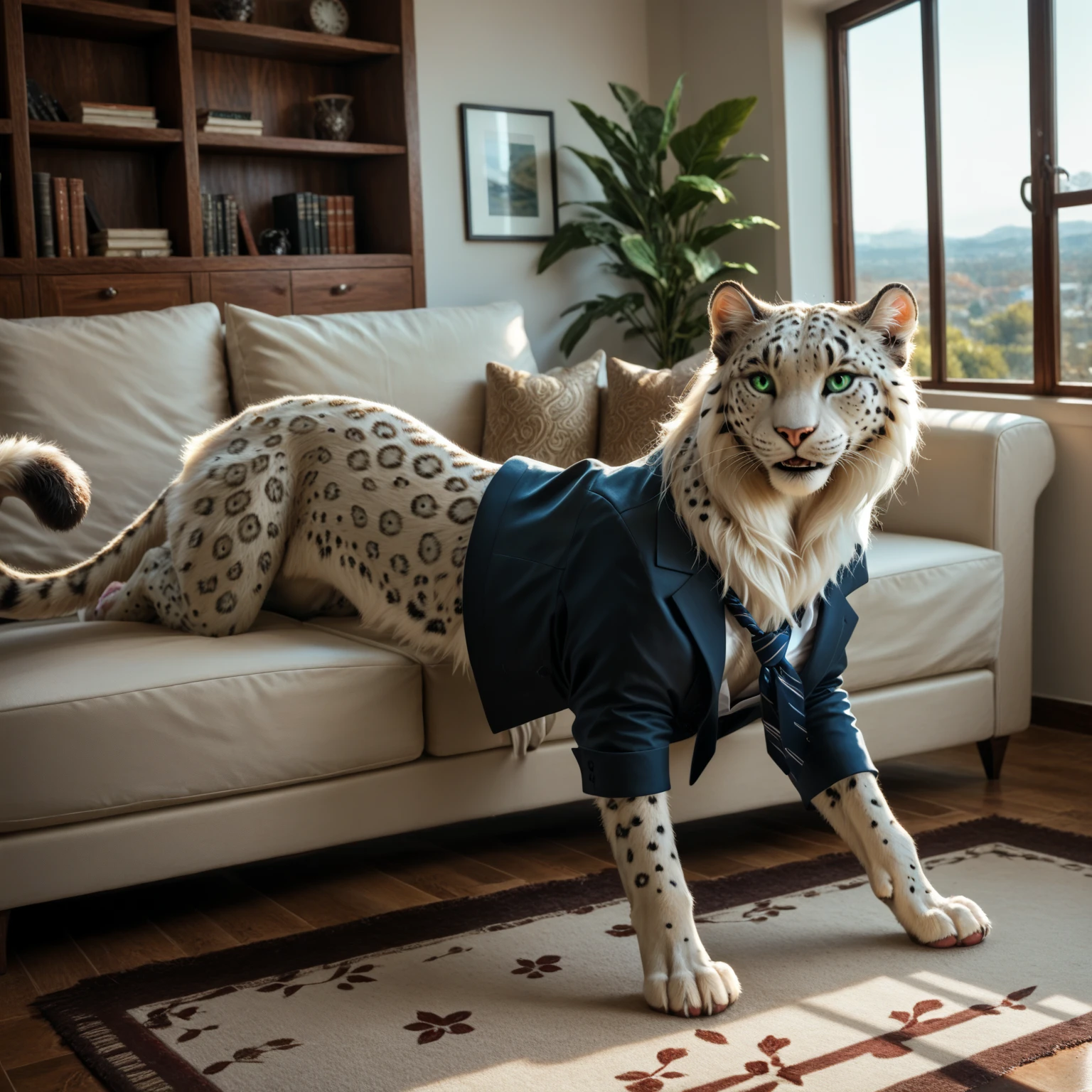 score_9, score_8_up, score_7_up, score_6_up, white leopard, with mane, (clothed feral), (feral), felid, feline, Shirt Tie and Suit, (detailed background), living room, modern living room, smile, fur, solo, high quality, pose, sofa, furred body, paws, handpaw, fluffy, silver bracelets, (detailed eyes, green eyes), slightly muscled, highly detailed, realistic fur, beautiful, photorealism, photorealistic, dslr, photo, expressive, full body, window, shelves, topwear, pawpads, paw pads, dutch angle, playful, with claws, dorsal spine