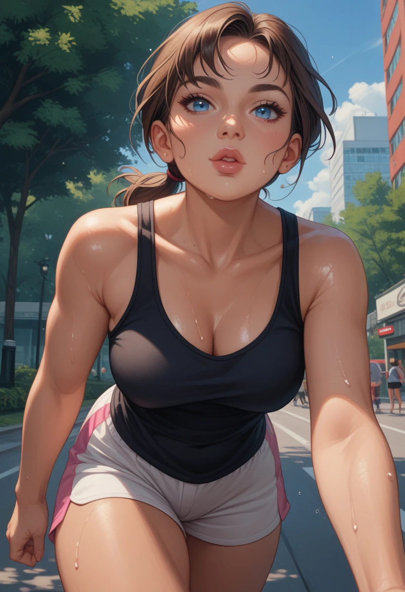 1 girl, alone, running, Grey Track Top, Pink shorts, ponytail, slender, Dynamic brushwork, fluid movement, Capture the essence of her athleticism and energy, Use bright and soft colors、Creates a dreamy and fantastical atmosphere, portraying the motion and grace of running, showing the wind blowing her ponytail and clothes, And the surrounding landscape.、Super Big Breasts、Black gal、Blonde、Sunburned skin、Japanese girl、Gal Makeup、Running outdoors, Breasts are shaking、Vertically swaying breasts、Image of the moment when her breasts swayed vertically、Vibrant breasts、Detailed Background, Modern metropolis,cute、Baby Face