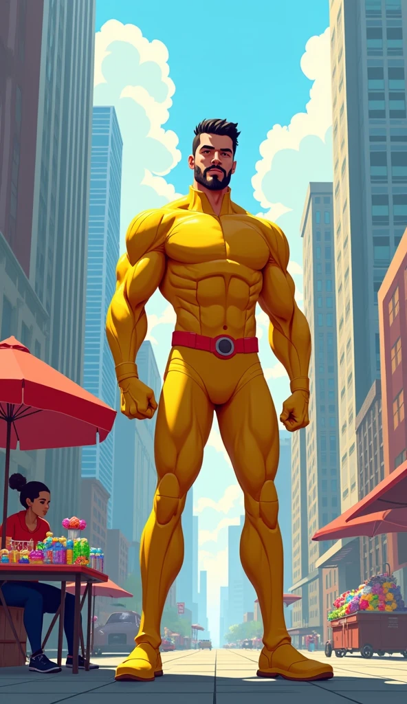 male、male、Strong、Yellow hero suit、Plump、Sturdy、body with fat、muscle、Strong Arms、stamina。