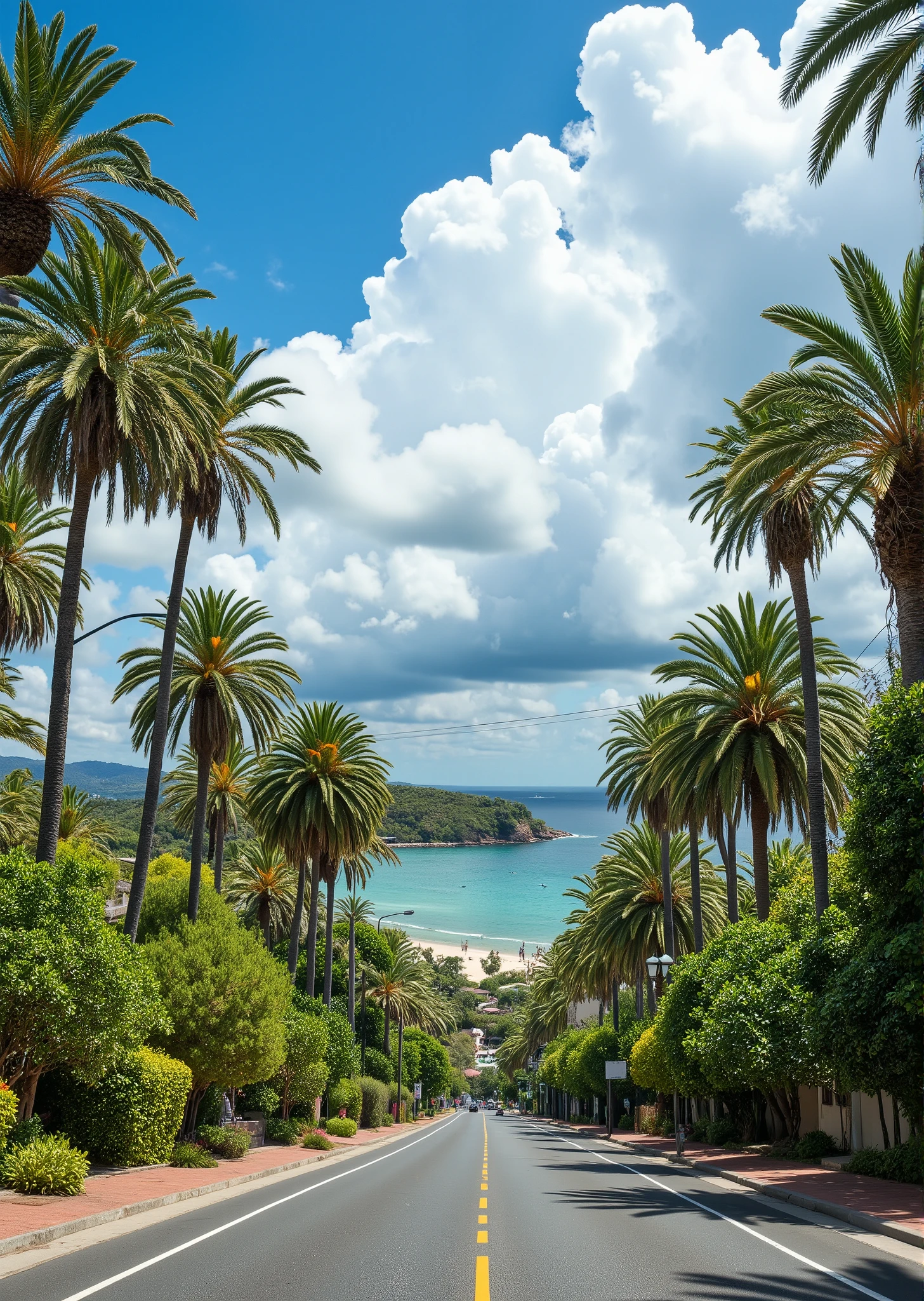Arafed view of a street lined with palm trees and a beach - SeaArt AI