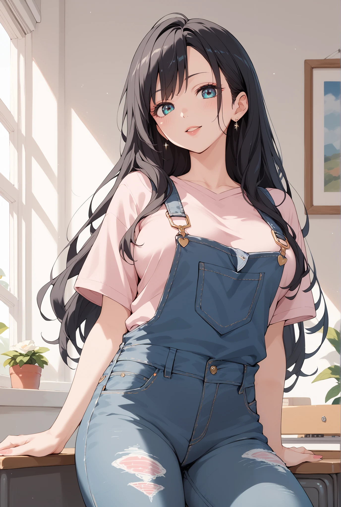  1 girl, Beautiful breasts　 girl　Overalls Jeans 　 pink t-shirt 　 long hair　 black hair　School route　spring