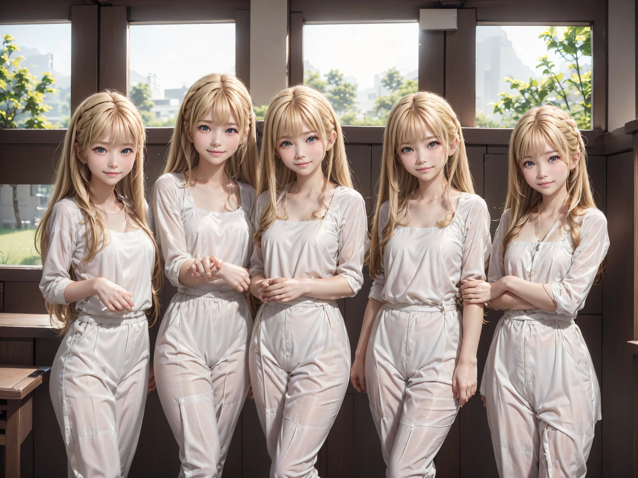 Long-haired girl with blond ponytail、smile、( nose is very small:1.5)、