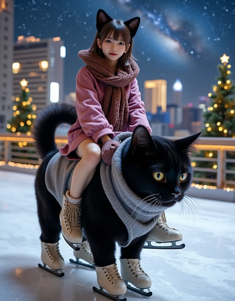 ultra-realistic, photorealistic, dramatic scene, shadow, global-illumination, solo, (teenage Japanese famous idol girl), very beautiful fragile Japanese girl, very beautiful with very cute, (very large breasts), slim waist, she is wearing\(a elegant winter jacket over a stylish pink one-piece dress, reddish brown woolen scarf, glove, short boots, dark navy tights\), (very large breasts), she is riding on the cute giant black skating cat\(ears down, as big as she, chubby, wearing skates on all four legs, gray long woolen coat over a white V-neck sweater, light purple woolen scarf\), At an outdoor skating rink on the roof of a department store, at night, professional lighting, amazing view of skyscrapers with milky way, (there are festively decorated Christmas trees), showing a graceful ice skating technique, quick turn, Brilliant turns on ice skates,