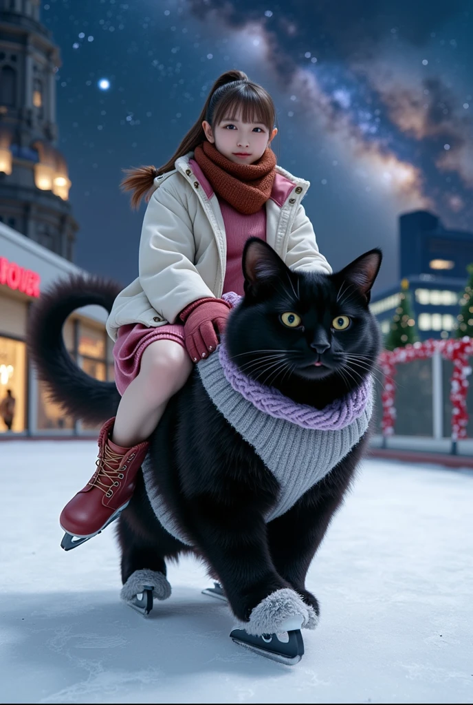 ultra-realistic, photorealistic, dramatic scene, shadow, global-illumination, solo, (teenage Japanese famous idol girl), very beautiful fragile Japanese girl, very beautiful with very cute, (very large breasts), slim waist, she is wearing\(a elegant winter jacket over a stylish pink one-piece dress, reddish brown woolen scarf, glove, short boots, dark navy tights\), (very large breasts), she is riding on the cute giant black skating cat\(ears down, as big as she, chubby, wearing skates on all four legs, gray long woolen coat over a white V-neck sweater, light purple woolen scarf\), At an outdoor skating rink on the roof of a department store, at night, professional lighting, amazing view of skyscrapers with milky way, (there are festively decorated Christmas trees), showing a graceful ice skating technique, quick turn, Brilliant turns on ice skates,