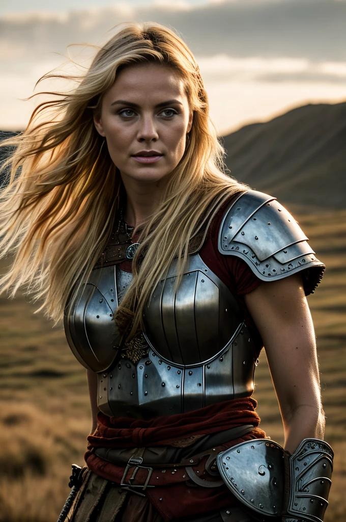 Masterpiece, a beautiful Viking woman, ((Charlize Theron:0.5)), ( Viking armor), (bigbreasts), (perfect body), (blonde matted hair), (short hairstyle), welding a sword, outside, dirty, spattered with blood,(skin texture:1.1), best quality, ultra high res, Raw photo, Nikon D850, backlight, rimlight, bright sunlight, film grain:1.2, (warm hue, warm tone:1.2), (color photo), fantasy battlefield background