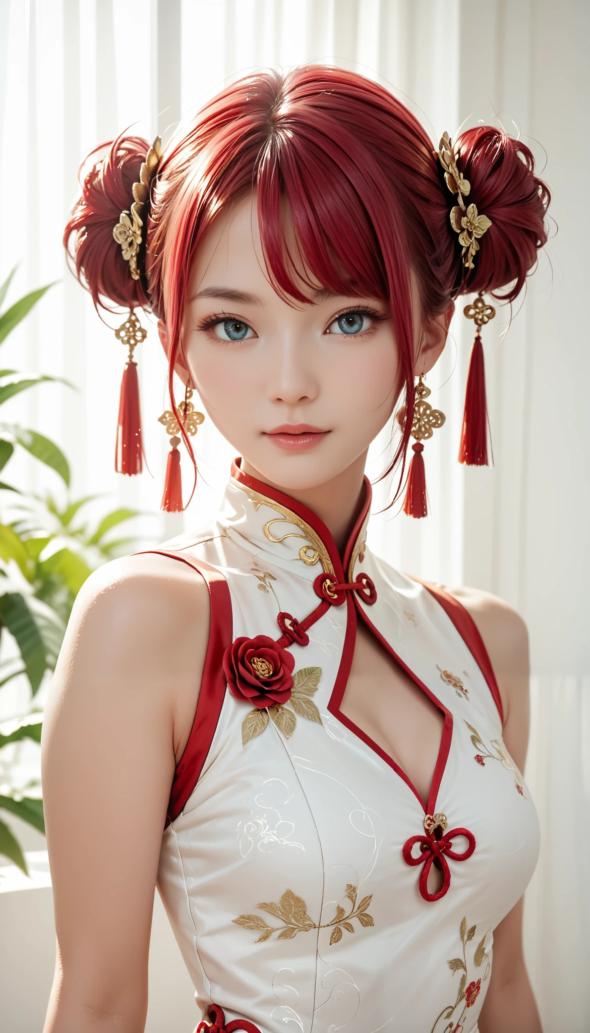 girl, Chinese Costume, whole body, sunlight, Beautiful skin, white background , masterpiece, super detailed, , , high image quality, very detailed with crimson hair, Official Art , 8k wallpaper, super detailed, 32K