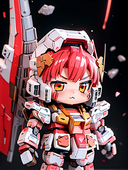 masterpiece,  top quality,    very detailed with crimson hair,    anime style ,The new year has begun  _Zaku，Chibi，   girl，baby face， Very short，   temptation of toddler figures   ， combat uniform with arms crossed with both hands，