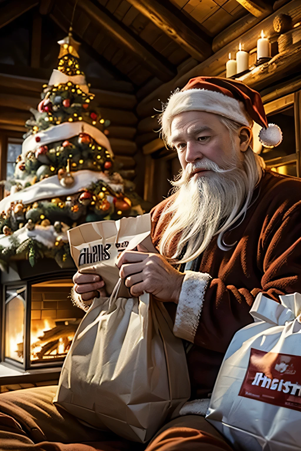 Inside a log house with a fireplace 、 a huge Christmas tree in the living room、   Christmas Night、 (( サンタクロースはプレゼントを運んで歩いている))、Santa Claus is depicted in detail .Focus on Santa Claus 、 Santa Claus is an elderly Scandinavian man with a big white beard、See images of Santa Claus in Japan 