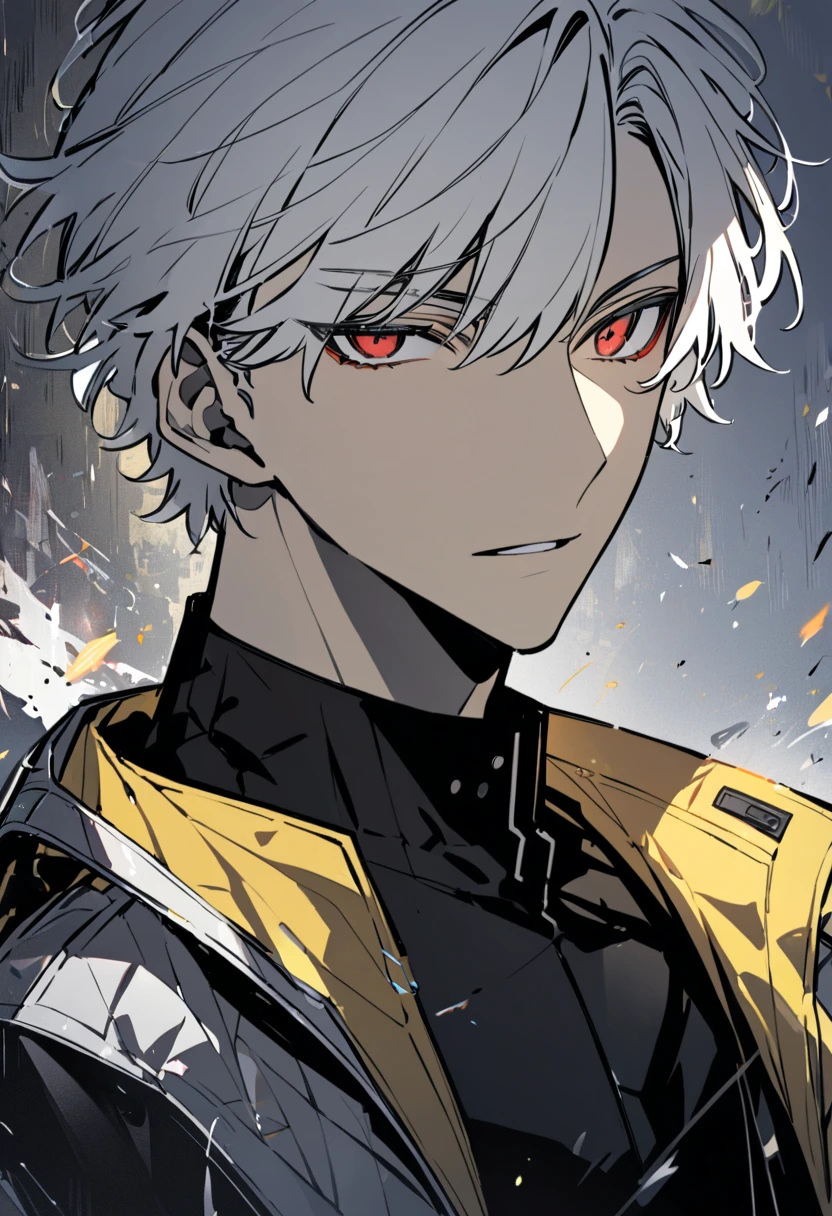 Handsome, solo, male, short hair, hair covers left eye, white hair, red eyes, black shirt, black pant, black and yellow jacket , upperbody, upperbody, upperbody 