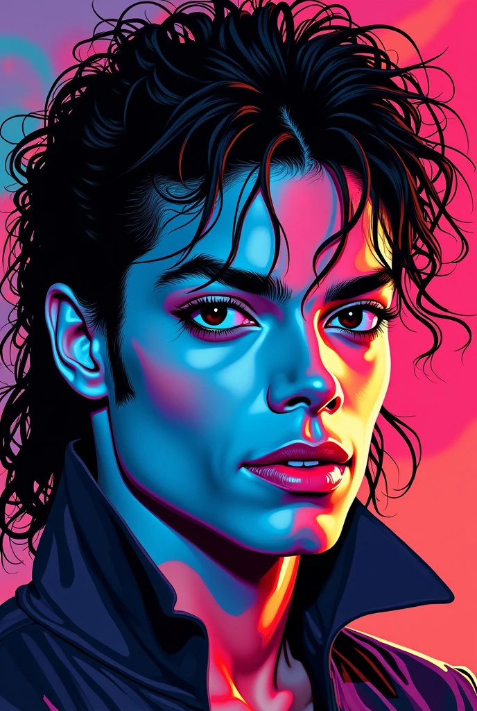 Michael Jackson's dark face with bright neon colors, with a 2d comic style
