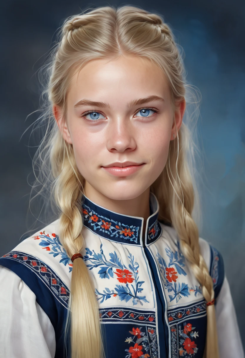 Portrait of a Norwegian teenage beauty ,  small breasts ,  intricate traditional Norwegian dress , soft smile, natural lips,  long blond hair with shaved sides ,  blue-gray eyes , realism,  digital painting , concept art, smooth,  clear focus , Rule of Thirds  , Style-Psycho,  full body,