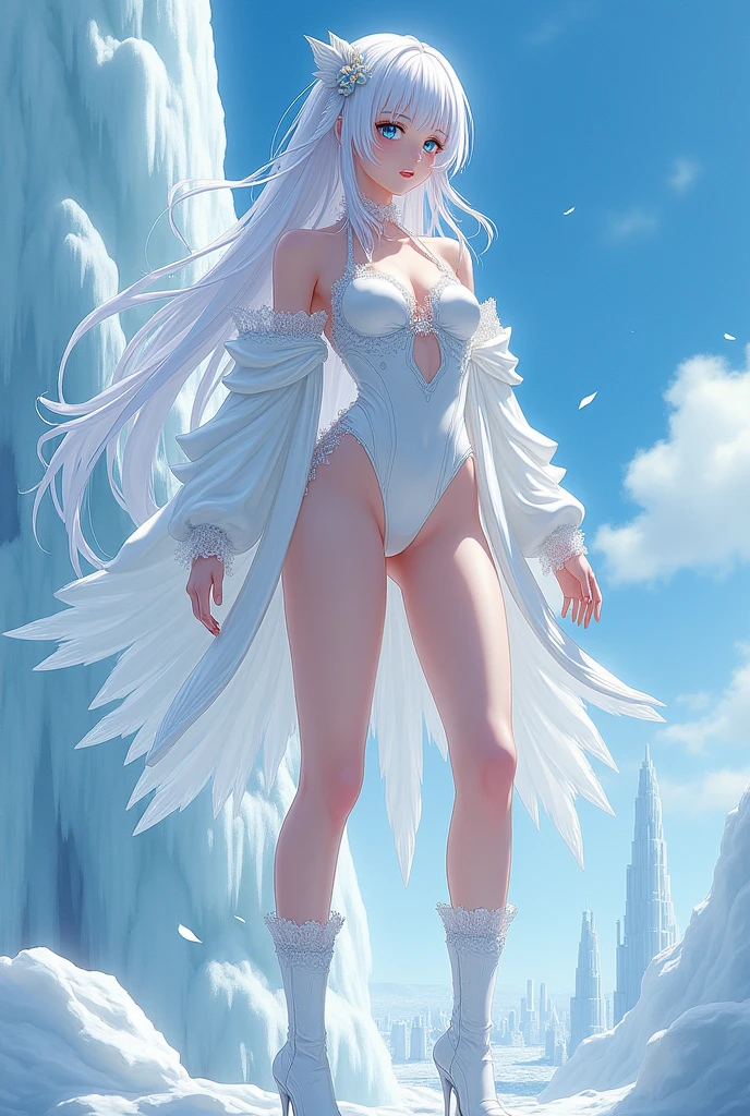 naked anime demon girl with angel wings, demon horns, halo, white hair, shy, vagina, , long flowy hair, hands behind back, submissive, facing body towards viewer, front view, skinny, ice, snowing, snow, winter, forest, ice horns, ice girl, blue halo, shiny halo, ice halo, ice angel, ice magic, ice queen, ice goddess, ice crystals floating around her,