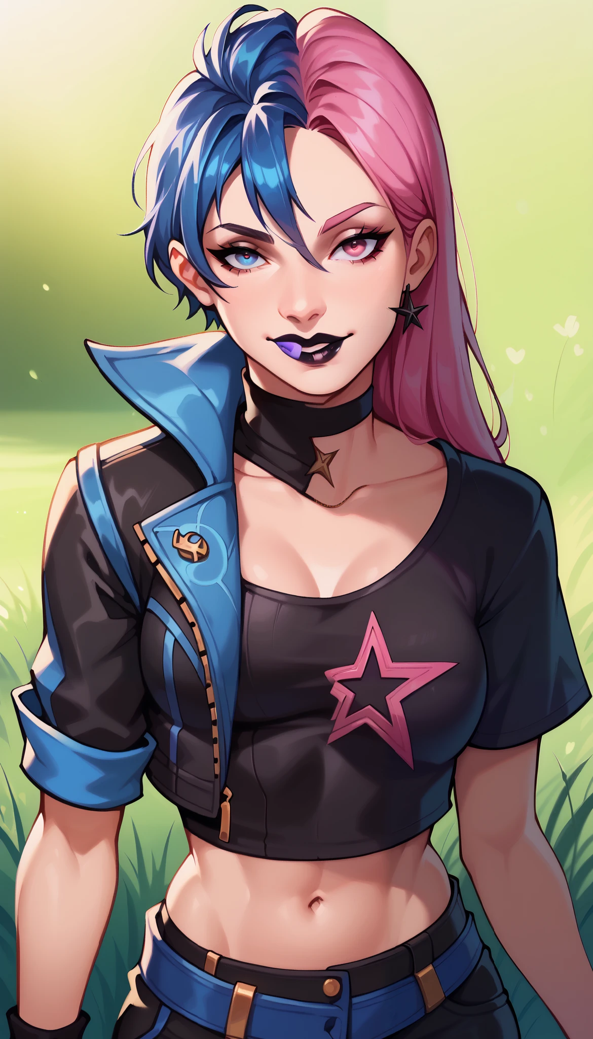 BREAK, HazeFN, pink hair, black lipstick, long hair, pink eyes, black shirt, short sleeves, midriff, leather pants, choker, star print, grass, seductive smile, looking at viewer, breasts, 1 girl, solo, purple lips, blue eye, split eye color, split lips color