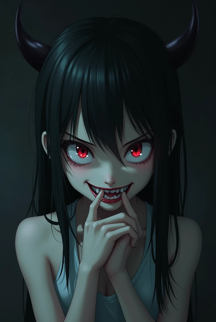 Solo. Creepy, terrifying muscularly lean girl with short messy curly black hair, big breasts, defined muscular thighs, a sharp jawline, crazy red eyes, metal wires joining his seperated upper jaw and lower jaw, Jeff the killer's mouth, muscular forearms, sharp shark-like teeth for teeth, pale white skin, red eyes on her body, wearing only a big white T-shirt, eating a lung, in a black background. Cannibalistic. Floating red eyeballs. Horror. Her name is Cannaria, . Blood, smiling. Stitches