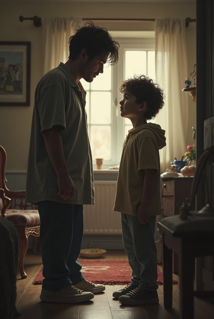 A father scolding his 12 year old boy who is thin skinny nervous and introvert. He is breathless as he climbed 17 floors. The background is an apartment of an old building. It is living room if the apartment