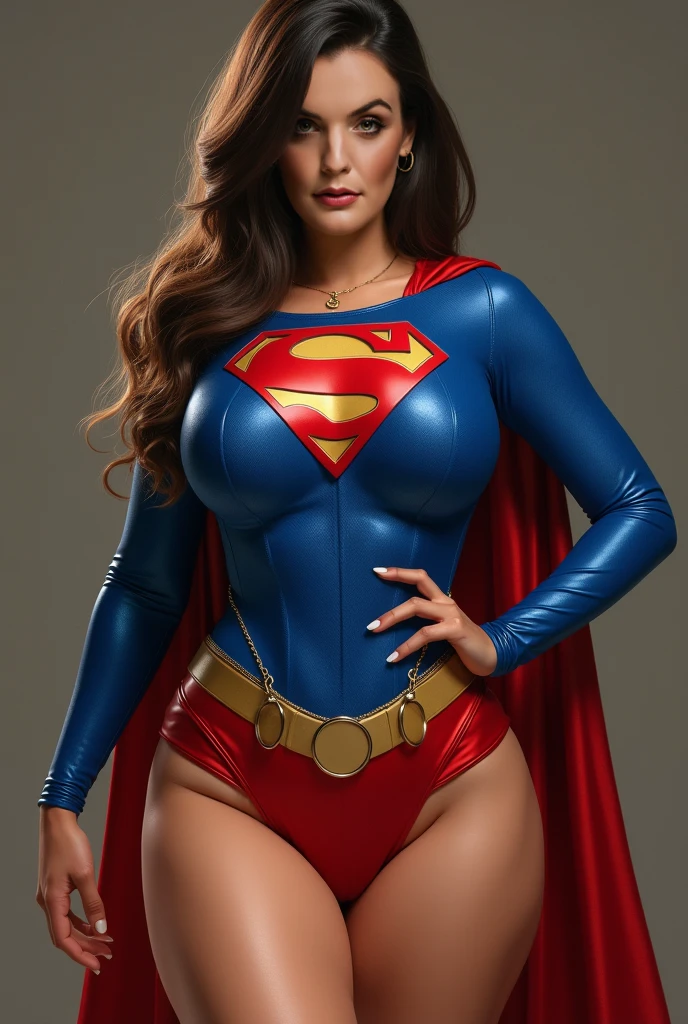 Supergirl, 29 years old, full body shot, Beautiful woman shoulder length curly brunette hair, two side up with bangs, ringlets, shoulder length curly brunette hair with bangs, two side up, ringlets, shoulder length curly brunette hair with bangs, two side up, ringlets, figure : (very full figure, very chubby, curvy, muffin top, love handles, extra thick, extra thicc, navel, very soft, fat hips, very thick, big breasts, sexy, sexy pose, fat thighs). clothes: ( flowing red cape, turtleneck blue top, long sleeve, skintight long blue pants, with red trim of supergirl). Red lipstick, smiling slightly, hands free, standing facing viewer, (droopy breasts:1.3)