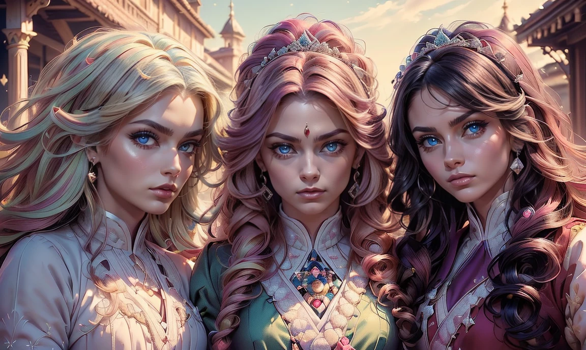 close up. ((3 unique lovely young traditional princesses:1.5)), unique personalities, ((each with a different expression:1.5)), (((each with a different hair & eye color:1.5))), wearing stunning expensive traditional feminine clothing, ((looking straight at the camera:1.5)), colorful village background.
