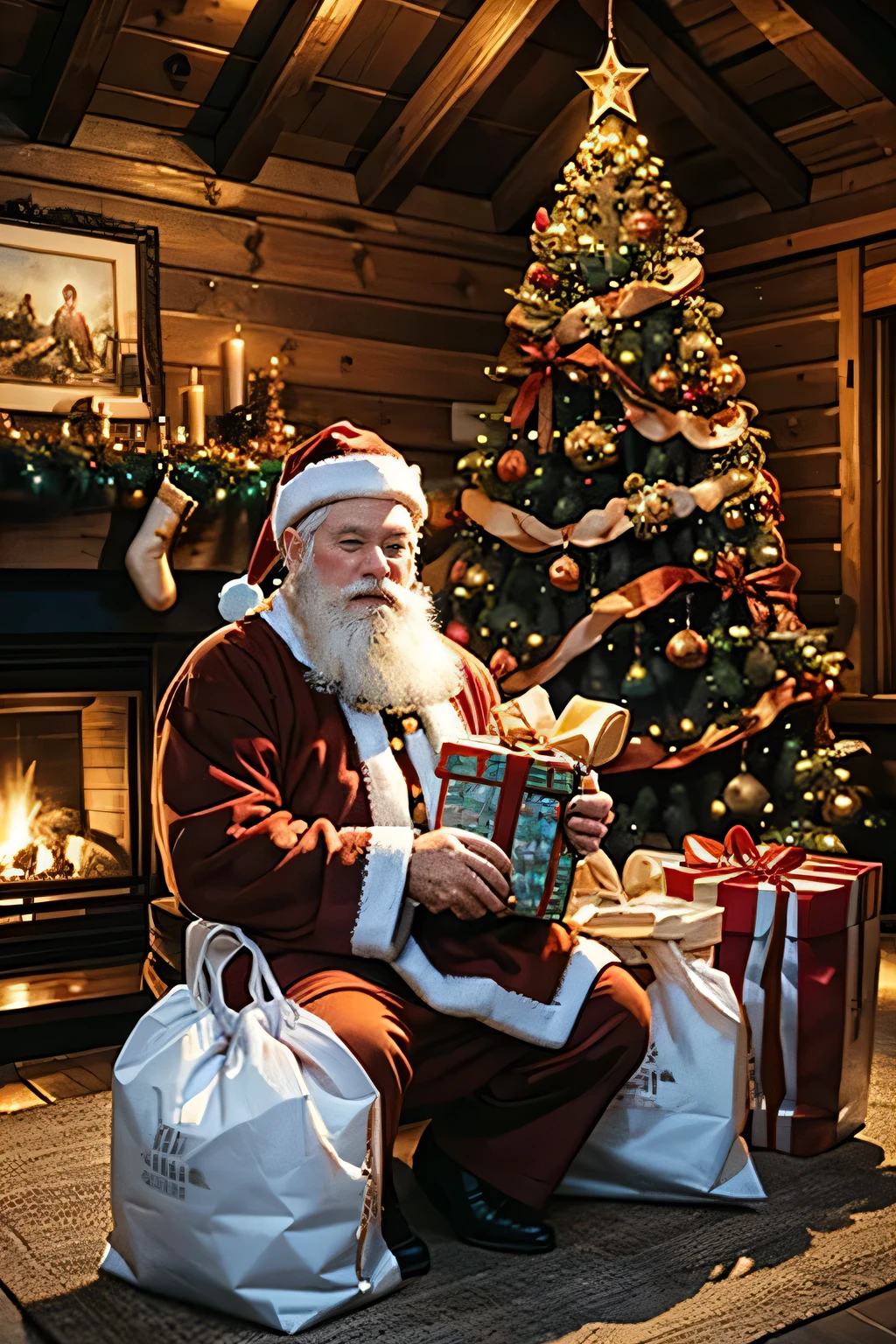 Inside a log house with a fireplace 、 a huge Christmas tree in the living room、   Christmas Night、 (( サンタクロースはプレゼントを運んで歩いている))、Santa Claus is depicted in detail .Focus on Santa Claus 、 Santa Claus is an elderly Scandinavian man with a big white beard、See images of Santa Claus in Japan 