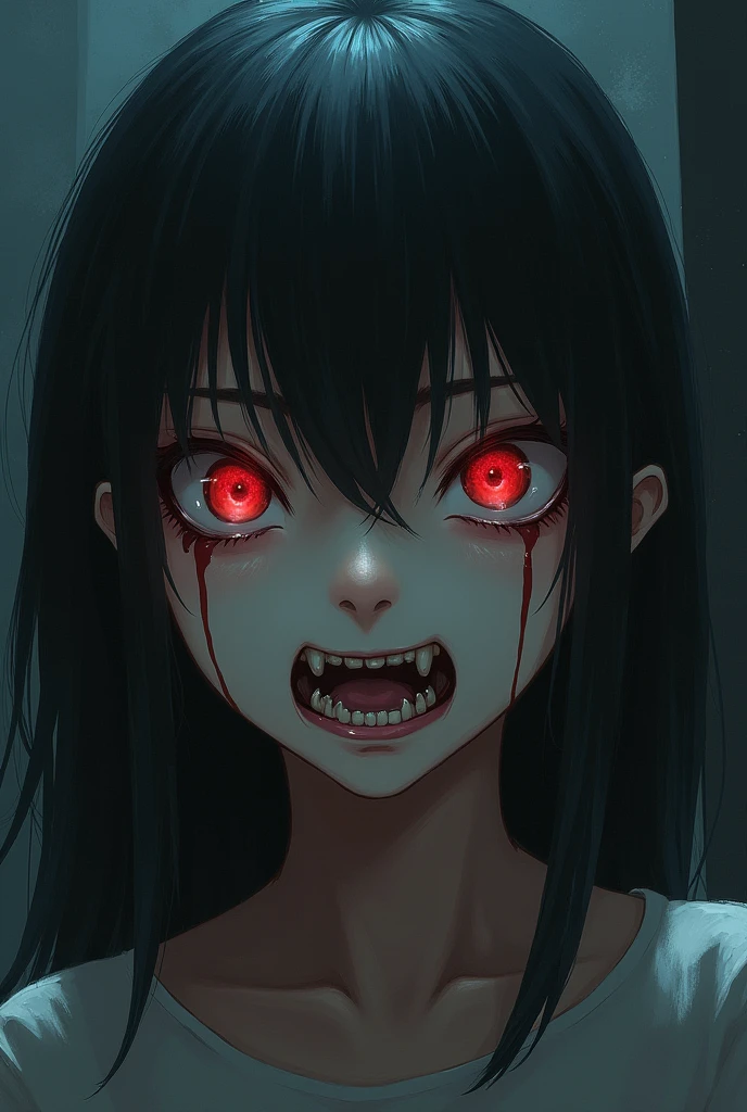 (masterpiece, The best quality), bottom, (horror), fear, horror, blood, tearful, women, black and white, ((Red eyes)) high resolution ultra detailed realistic shadow glowing eyes circular pupils defocused background, draggedce,