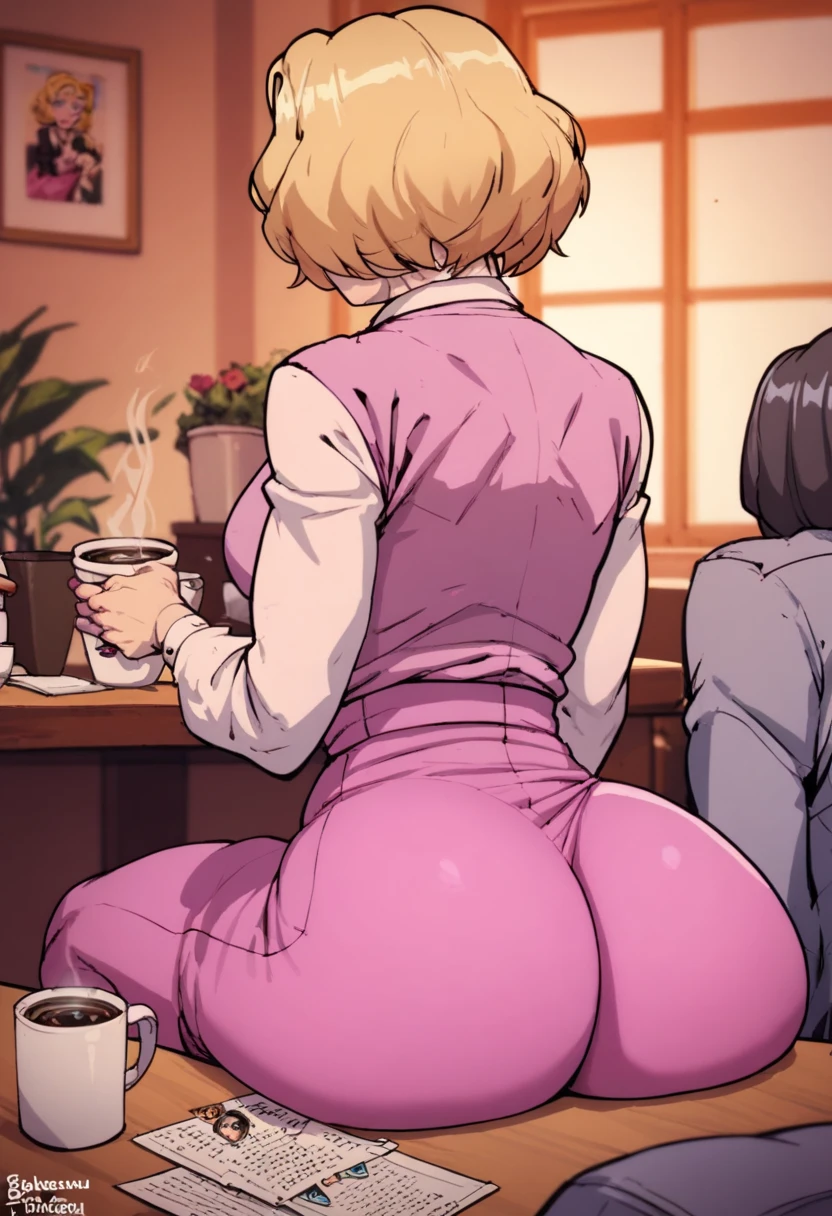 A high quality image of a women name ilana rostovic that has short blonde hair wearing a pink dress that has a huge ass sitting at a coffee table in BlackWhiplash style