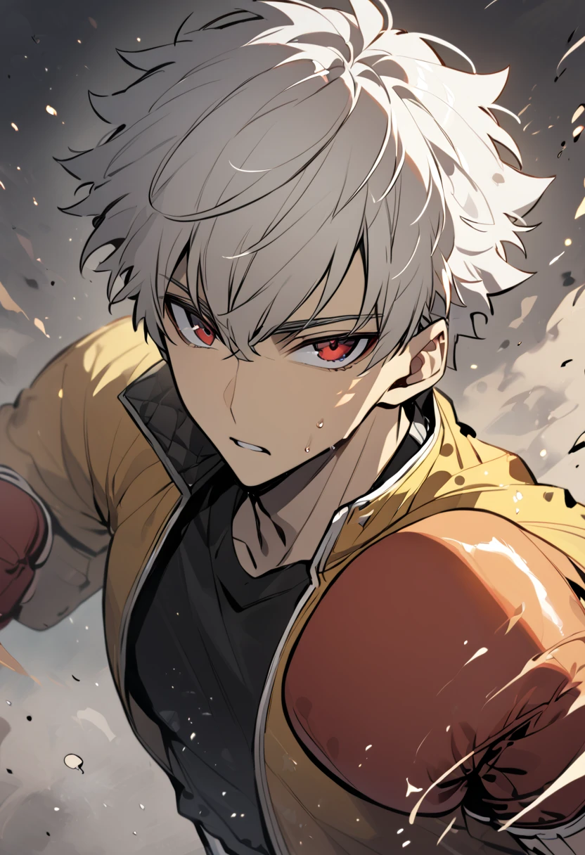 Handsome, solo, male, short hair, hair covers left eye, white hair, red eyes, black shirt, black pant, black and yellow jacket , upperbody, upperbody, upperbody , boxing, boxing pov