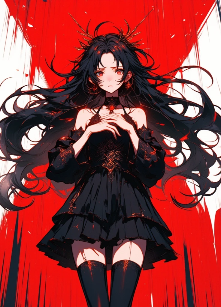 girl,long hair,black hair,red eyes
