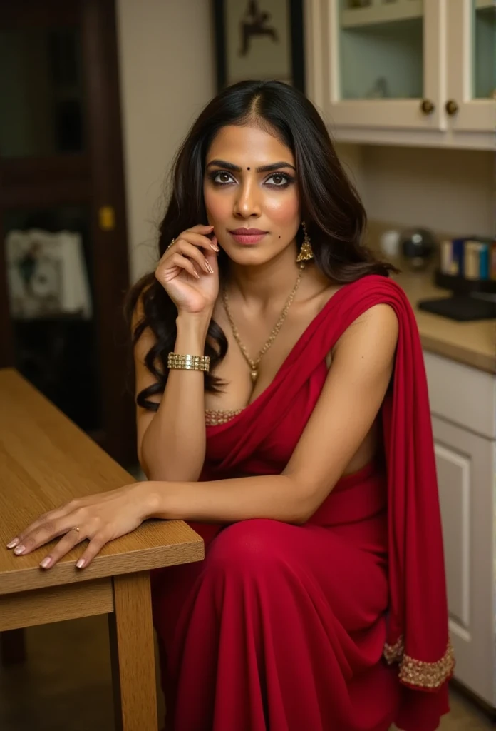 Day scene, long shot photo of a sexy Indian maid from top view, kneeling near a table in a kitchen, curvy, super stylish red saree with wide open breasts, accessories, earrings, necklace, erotic face, 36 yo, ponytail, look at viewer and smile, (cinematic:1.3), intricate details, (ArtStation:1.2)