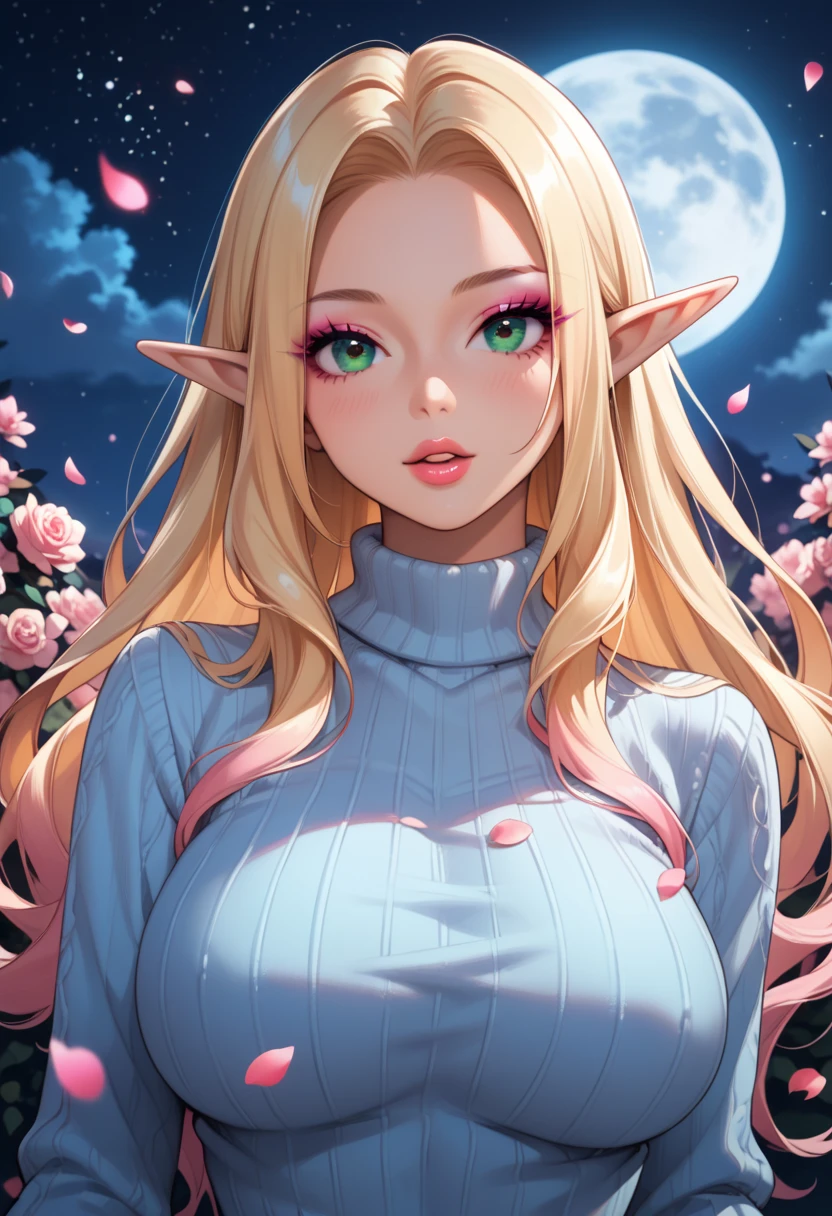 
score_9, score_8_up, score_7_up,  1girl,One, upper body, looking at the viewer,  white background,  long long long blond hair, elf, makeup , parted lips, pomade,  eyeliner , bimbo, gyaru woman ,  beautiful breasts , sweater, mint green eyes ,  Perfect anatomy , petal garden background , Night, stars, bright light, moon,  Very Beautiful , colorful, rich colors ,  better quality ,  complex ,  Maximum details ,