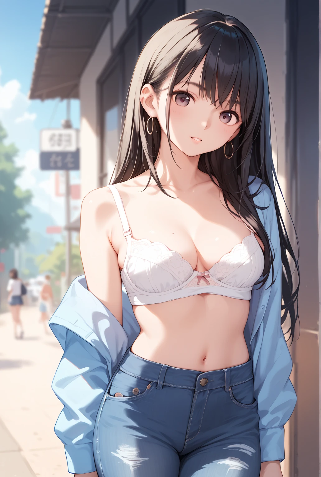  1 girl, 　 denim pants with open front　 tube top bra 　 long hair　 black hair　School route　summer