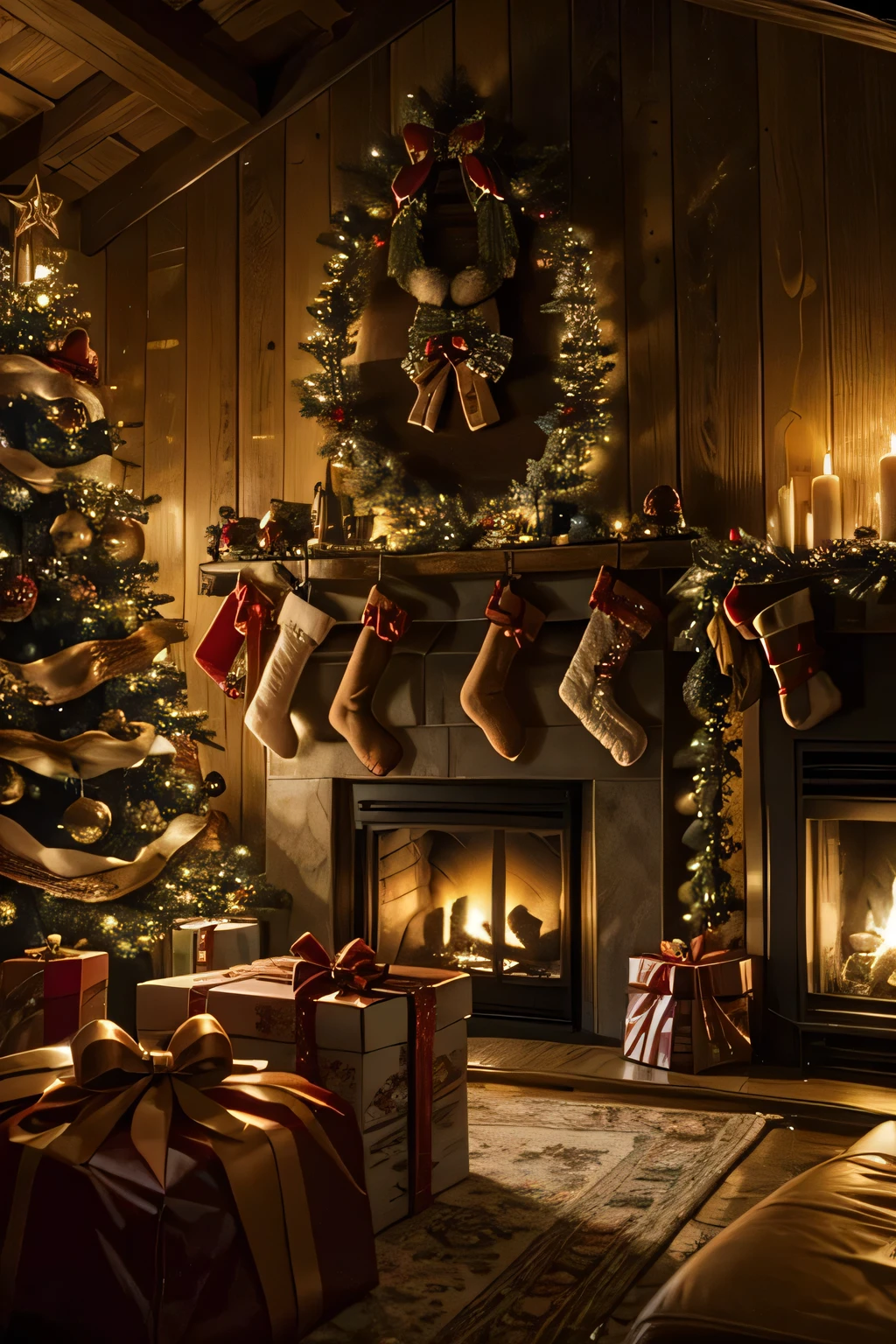 Inside a log house with a fireplace 、 a huge Christmas tree in the living room、 focus on the Christmas tree 、A gray-haired man in his 70s is reading on the sofa 、 The man is Western and wears a sweater and reading glasses、Late Night